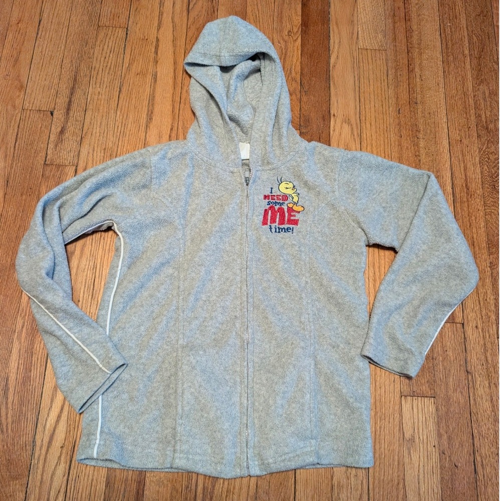 Vintage Looney Tunes Tweety Bird Gray Fleece Zip Up Hoodie I Need Some Me Time S